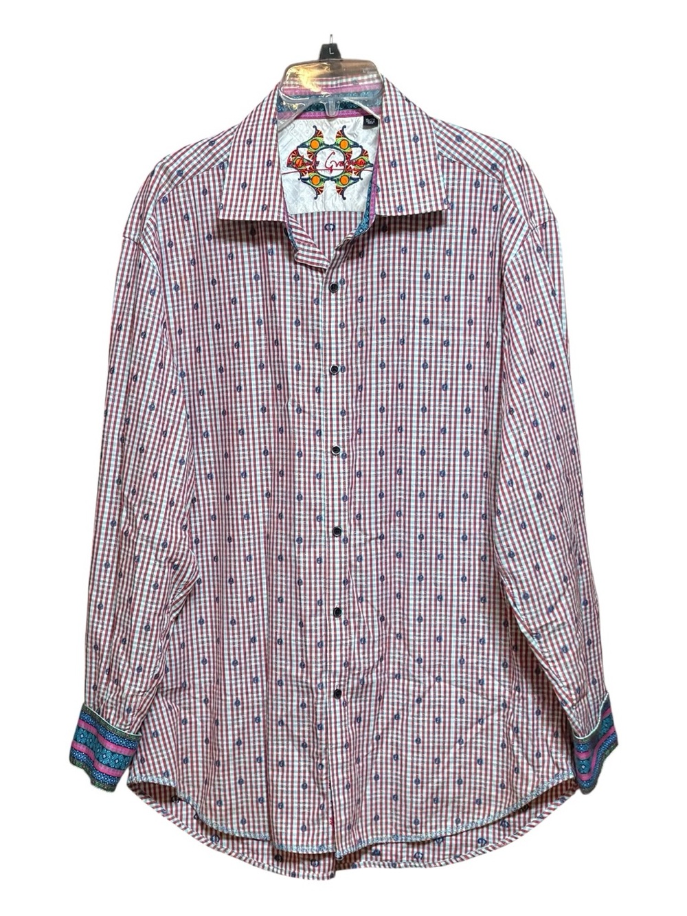 Robert Graham Men’s Flip Cuff, Red/Blue Gingham Plaid Button Up Shirt Sz XL